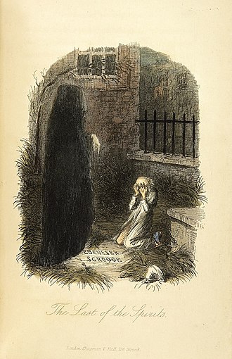 Illustration from A Christmas Carol, showing the Ghost of Christmas Yet to Come and Scrooge