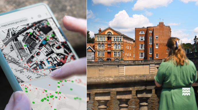 Side by side photographs of historic records and historic building