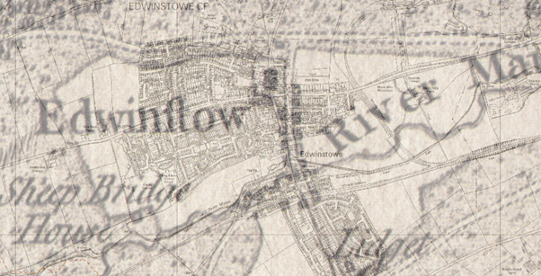 Modern Edwinstowe overlying Chapman’s map of 1774.